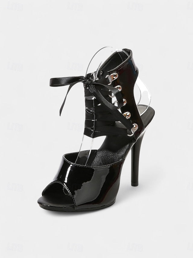 Women's Black Lace-Up Stiletto Sexy Patent Cutout - Sandals