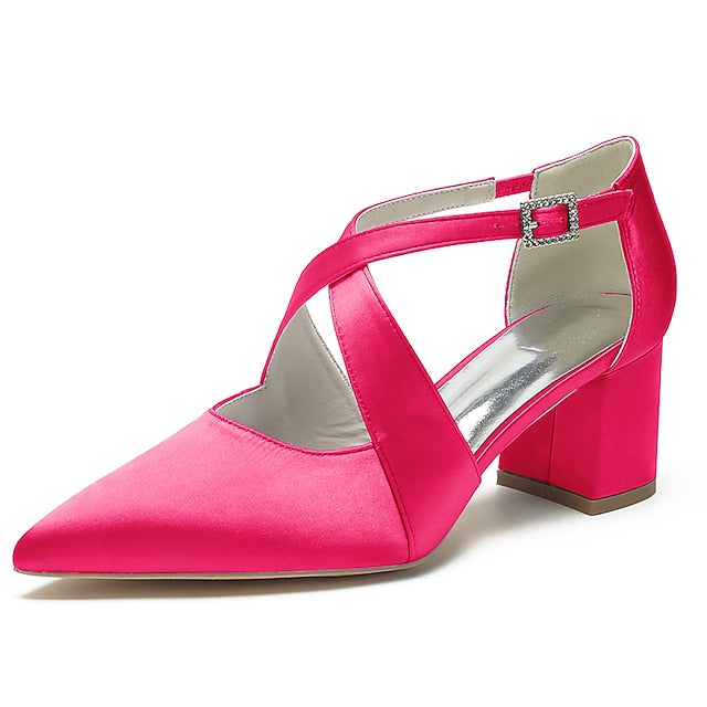 Heels Elegant Women's Pointed – White Toe Block Satin