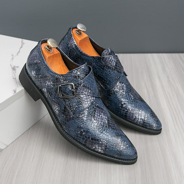 – Men Monk Classic Shoes Brown Strap Snake Print for Formal