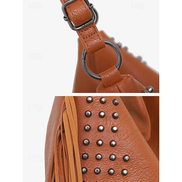 - Brown Leather Boho Studded Bag Women's Hobo Skull Fringe