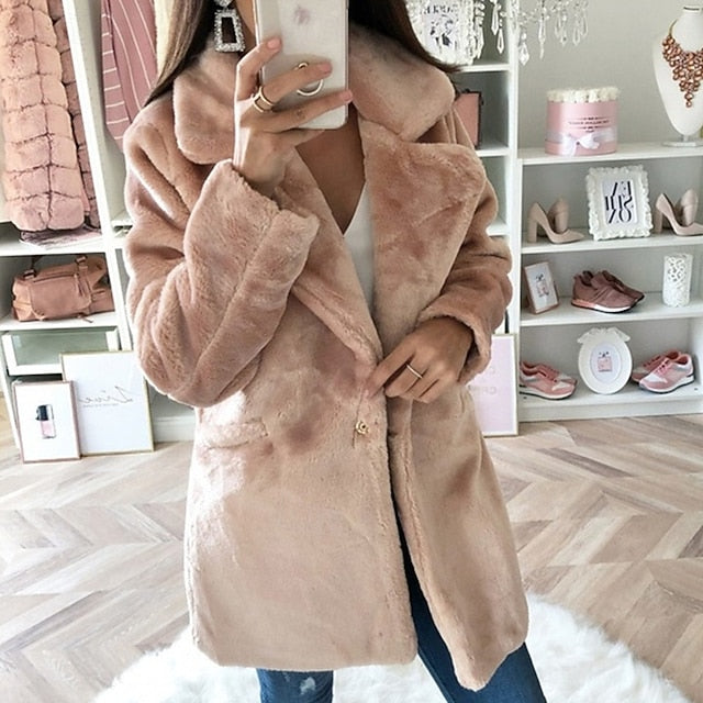 Casual Pocket Faux Warm Fur Comfortable Coat Women's