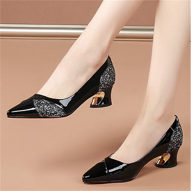 Block Heels Glitter-Accented Patent Women's Leather Faux