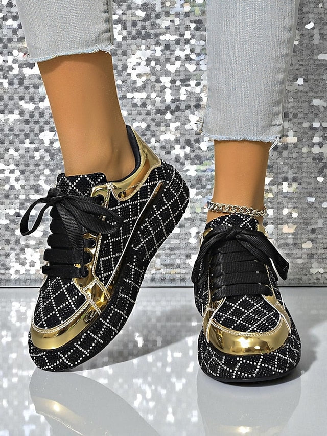 Quilted and Women's Rhinestone Silver Sneakers - Black