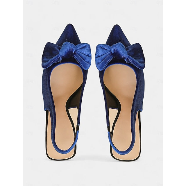 Toe with Pointed Velvet Slingback Heels Blue Women's Bow