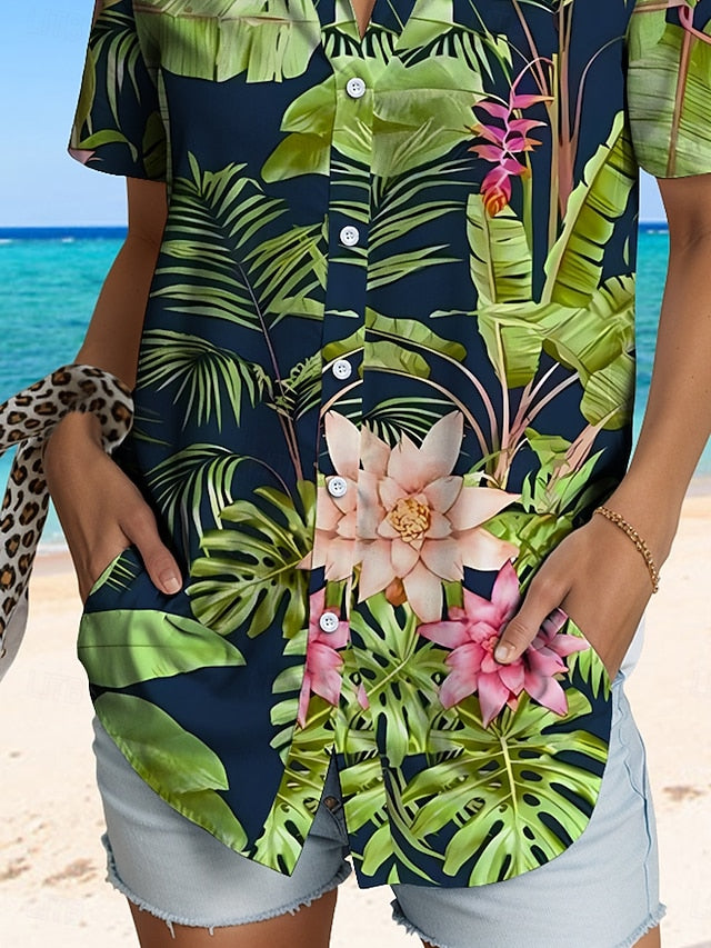 Women's Shirt Long Sleeve Button Down Blouse Graphic Leaf