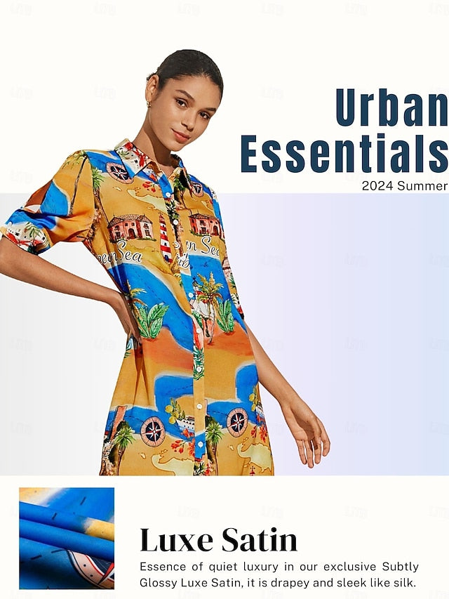 Satin Coastal Map Graphic Print Mini Dress