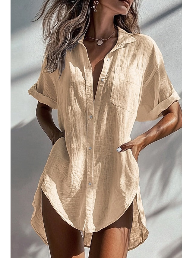 Women's Shirt Cotton Blend Button Up Blouse Plain Basic