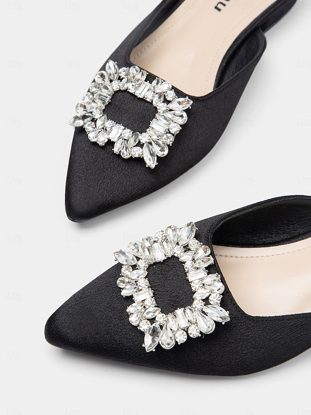 Women's Mules with Black Rhinestone Pointed-Toe Satin