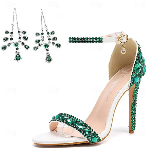 Women's Matching Stiletto Rhinestone Heels with Ankle Green