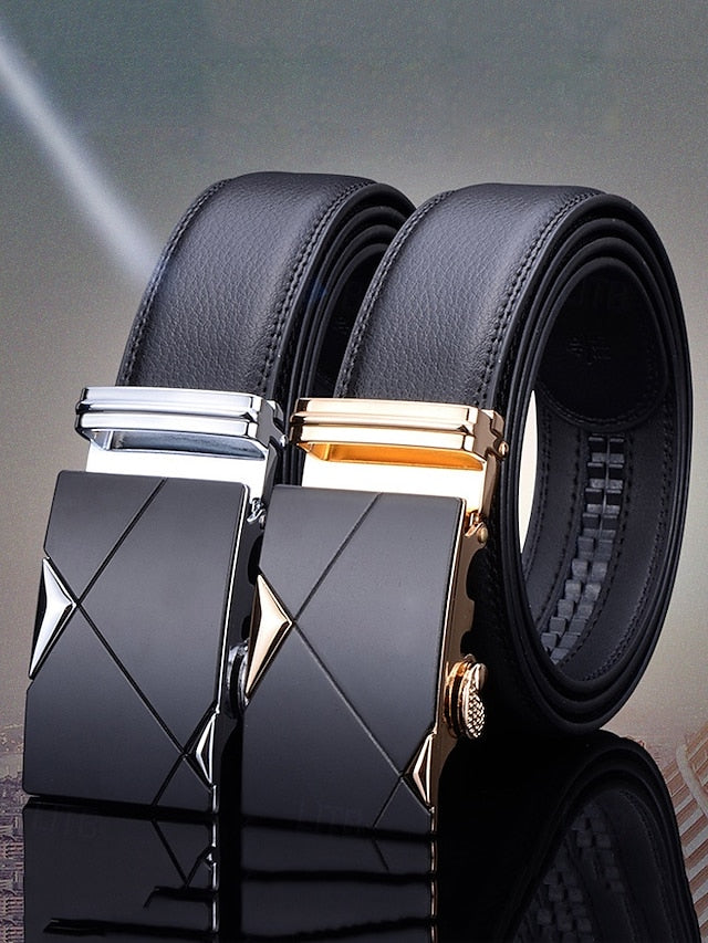 Men's Belt with Leather Adjustable Black Elegant Metal
