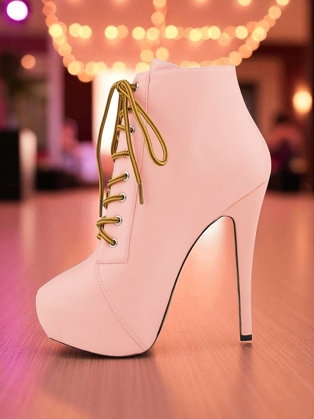Beige Faux Lace-Up Women's Leather - Platform Boots Ankle