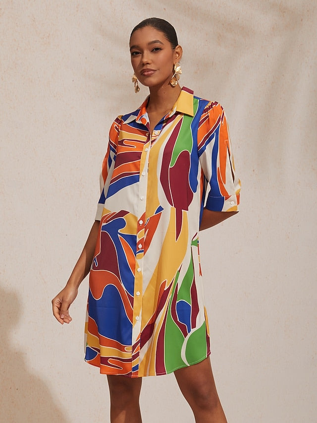 Vacation Geometric Color Block Pattern Straight Satin Shirt