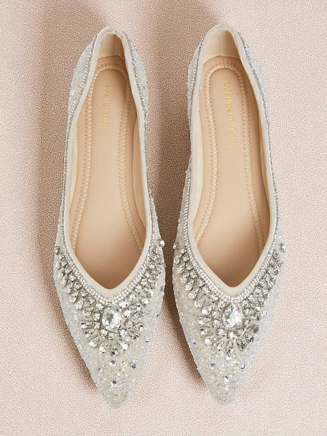 Toe Glitter Silver Crystal Flats Pointed Women's with