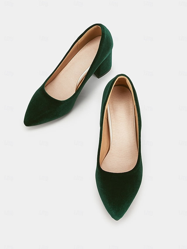 Green Velvet Toe - Block Women's Elegant Pumps Heel Pointed