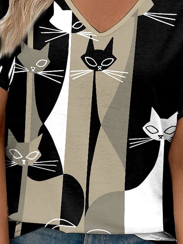 Women's T Shirt Casual Color Block Cat Print Short Sleeve