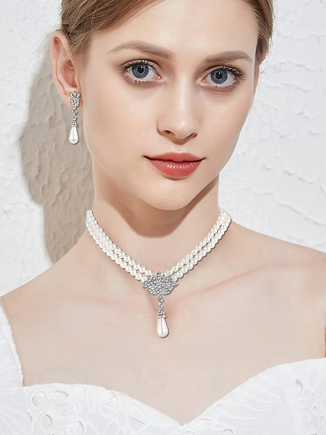 Bridal Jewelry Elegant Necklace Pearl Double-Layer – Set