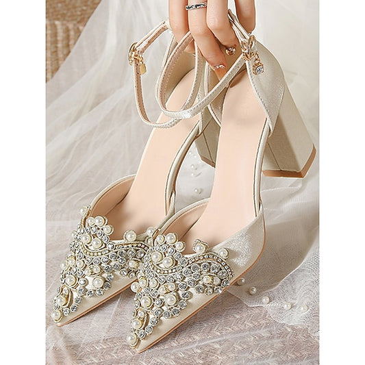 and Wedding Women's Embellished Block Rhinestone Heel Pearl