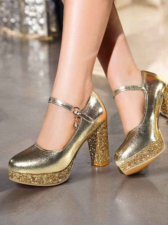Heel Pumps Sparkly Glitter – Jane Block Mary Gold Women's