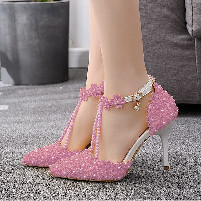 Lace Heel High Shoes Pointed Women's Bridal Wedding
