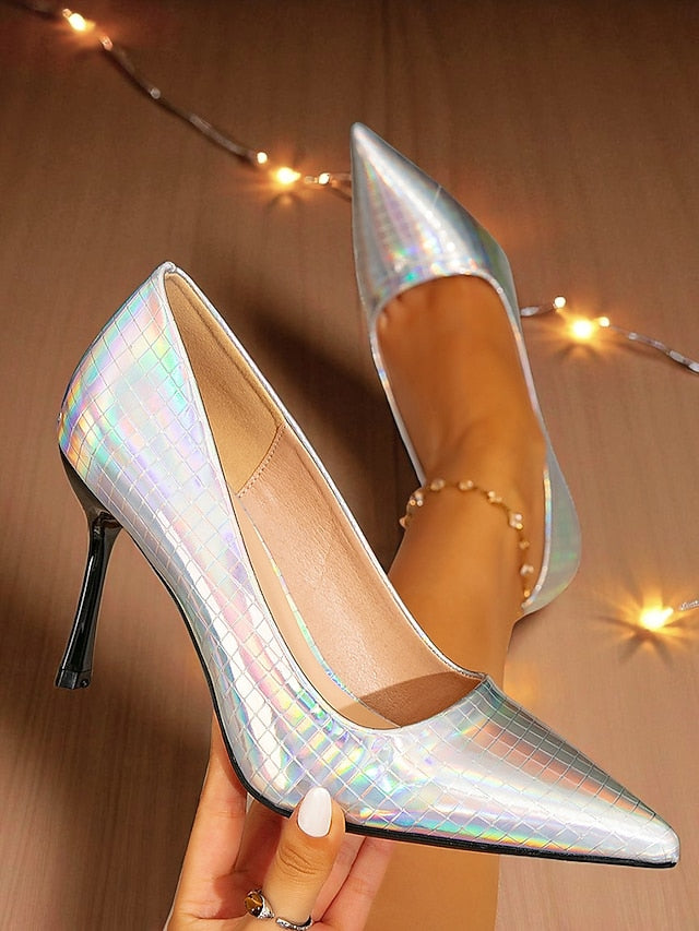 Pointed Toe Stiletto Glossy with Holographic Women's Heels