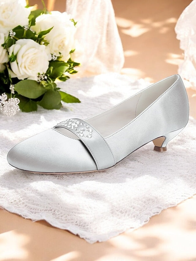 Kitten with Rhinestone Women's Blue Satin Heels