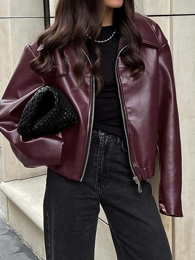 Leather Warm Pocket Faux Zipper Jacket Comfortable Women's