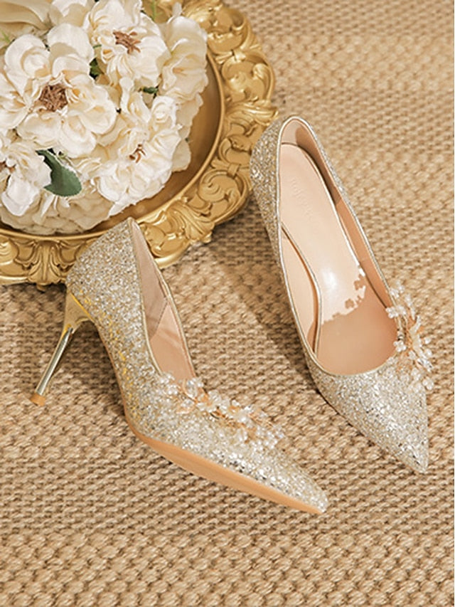 Heels Silver Glitter with Stiletto Floral Women's