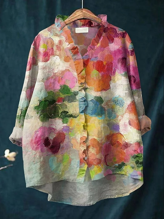 Women's Shirt Button Down Blouse Floral Stylish Casual Long