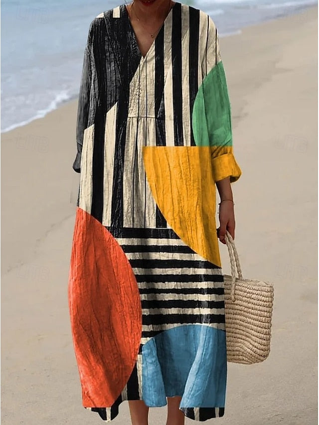 Women's Midi Dress V Neck Long Sleeve Kaftan Lightweight