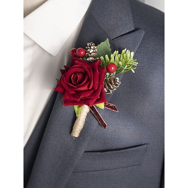 Women's Christmas Set and Corsage Boutonniere Rose Red