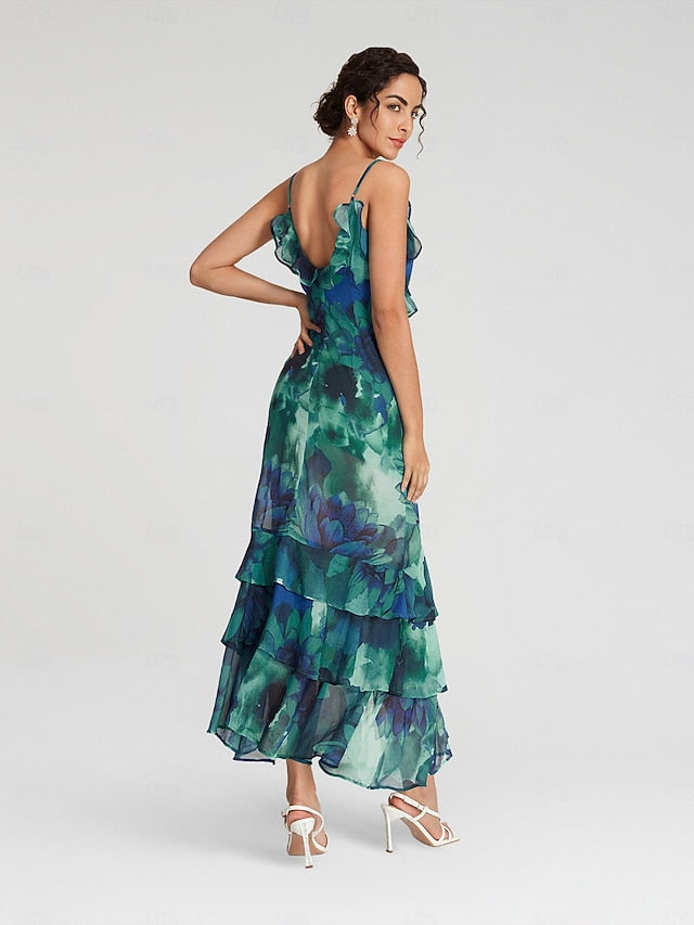 Chiffon Wedding Guest Floral Ruffle Split Ends Sleeveless Maxi