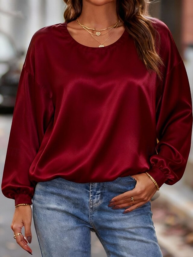 Women's Shirt Elegant Dressy Satin Top Patchwork Plain
