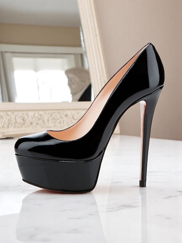 and Women's Patent Black Pointed-Toe Platform Heels with