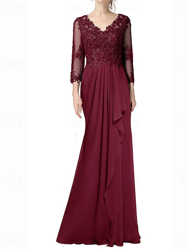 Neck Elegant A-Line Length Bride Floor the Mother of Dress V