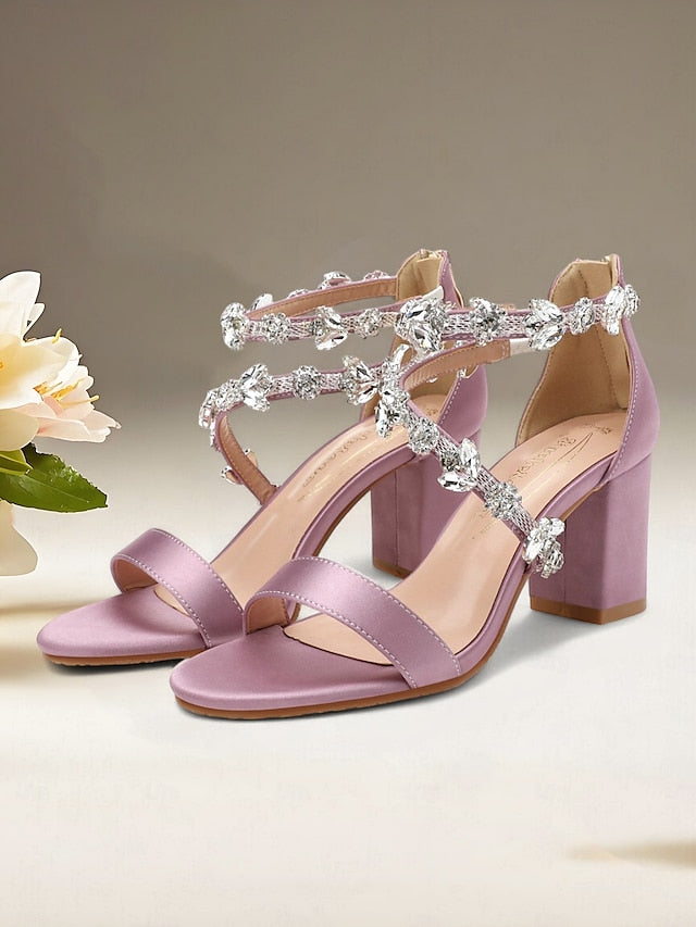 Crystal with Sandals Satin Heel Women's Pink Straps Block