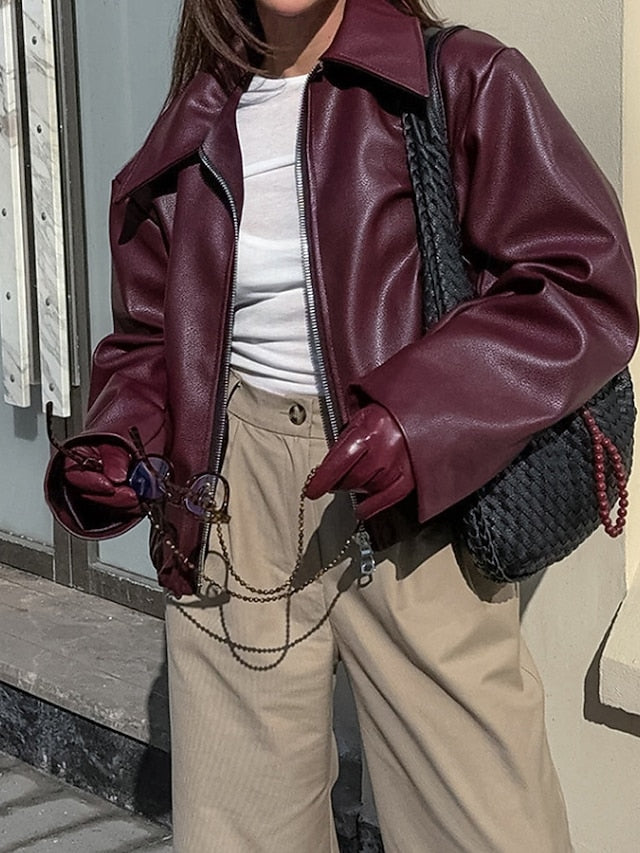 Leather Warm Pocket Faux Zipper Jacket Comfortable Women's