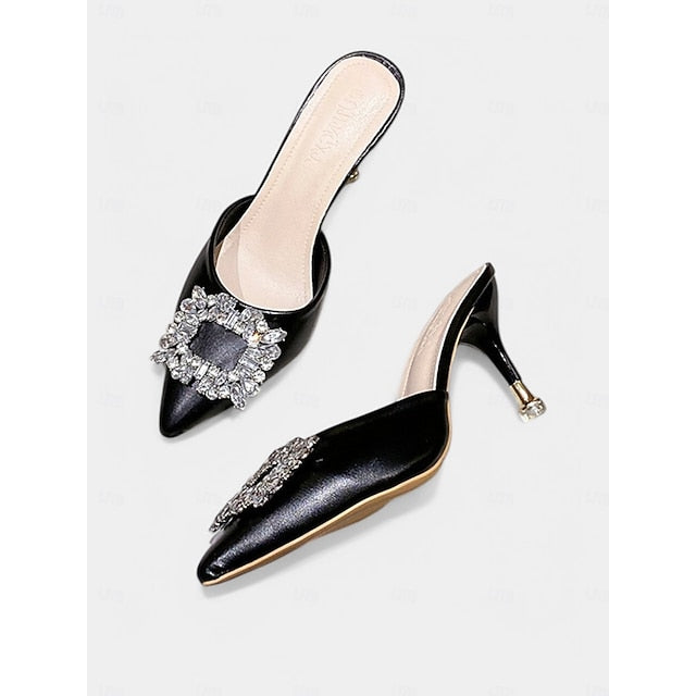 Pointed Crystal Toe Women's Mules Buckle Light with Blue