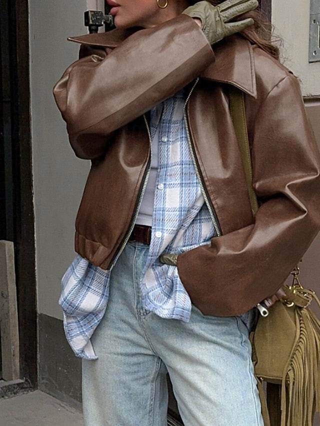 Leather Faux Pocket Jacket Women's Comfortable Zipper Warm