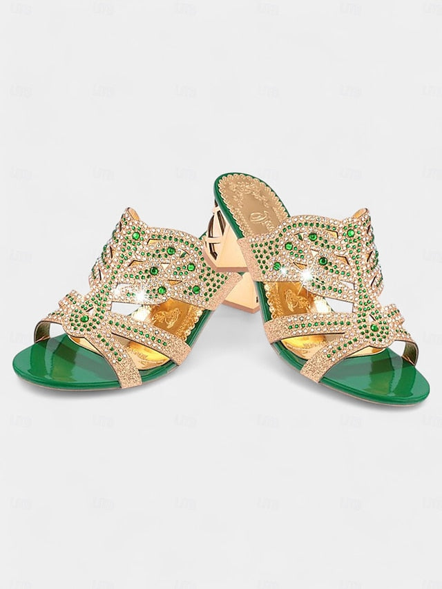 - Rhinestone and Heeled Embellished Sandals Gold Green