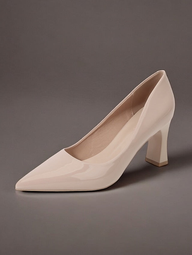 Faux Green Heel Leather Pointed-Toe Patent Block Glossy Pumps