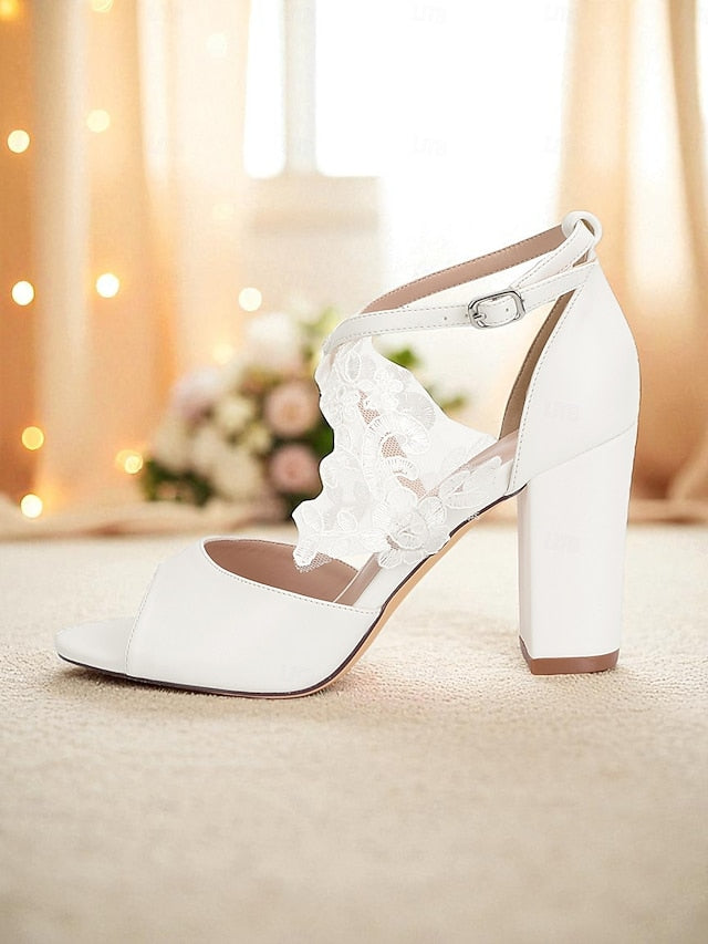 Lace Heel - Ankle Strap White Women's Sandals with Block