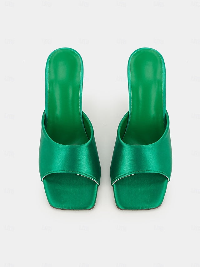 Heels Block Open-Toe for with Satin Green Mules Transparent