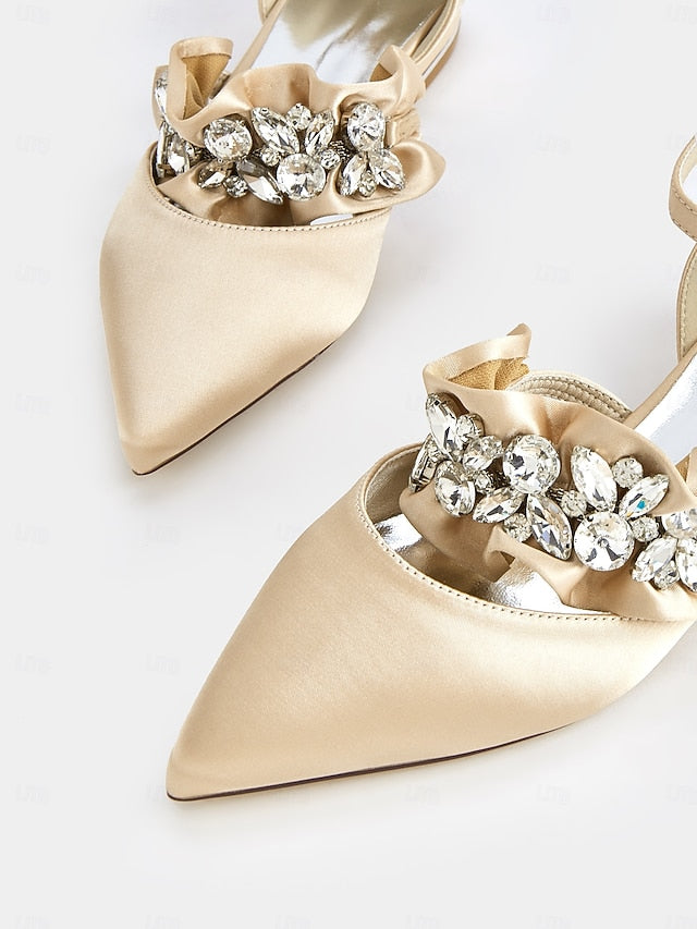 Black Rhinestone Satin Women's with Pointed-Toe Flats