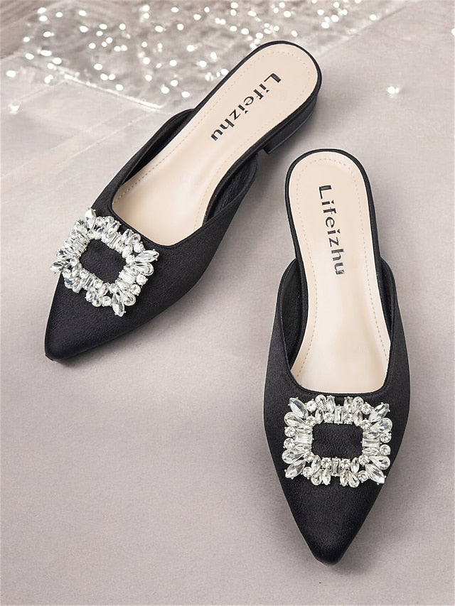 Pointed-Toe Satin Mules Black with Rhinestone Women's