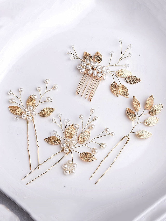 Gold Faux with Silver Hair Pearls Accessory Bridal and Leaf Set