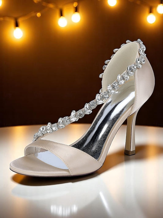 Heels – High Crystal Women's Champagne with T-Strap Satin