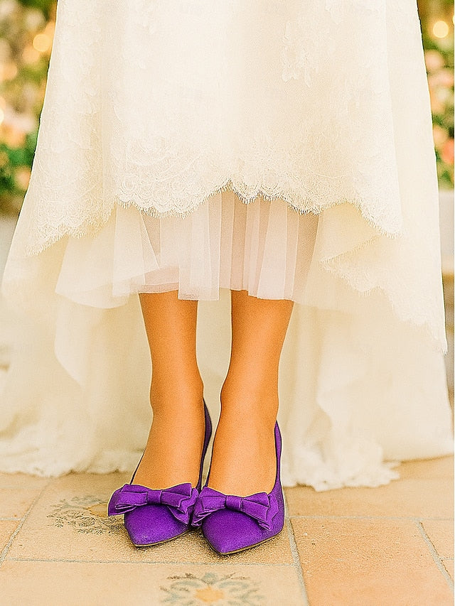 Green Bow Elegant Pointed Toe - Satin Flats Women's