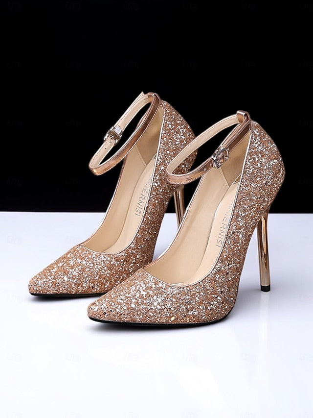 – Gold Pointed Women's Heels Sparkly Glitter Toe Stiletto