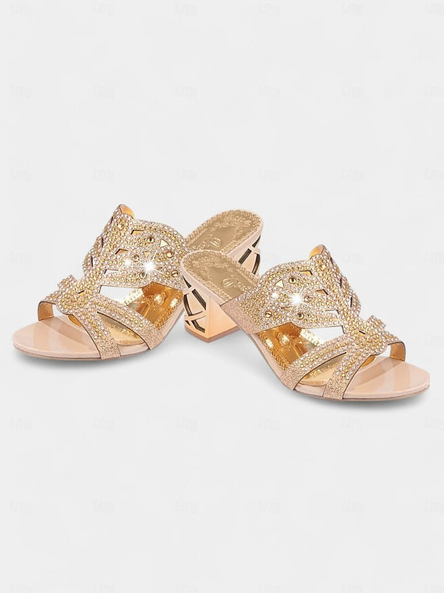 - Rhinestone and Heeled Embellished Sandals Gold Green