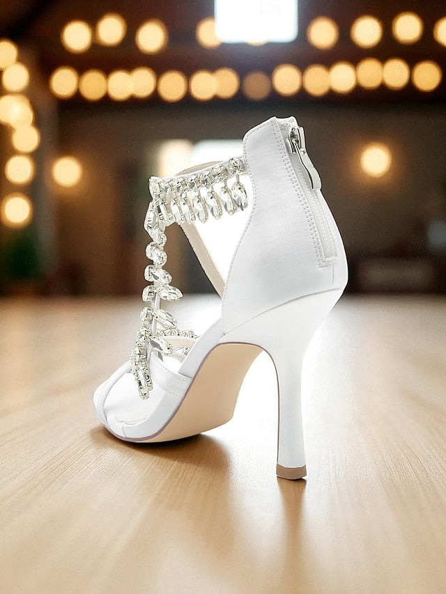 with High Rhinestone White Women's Sandals Heel Strappy